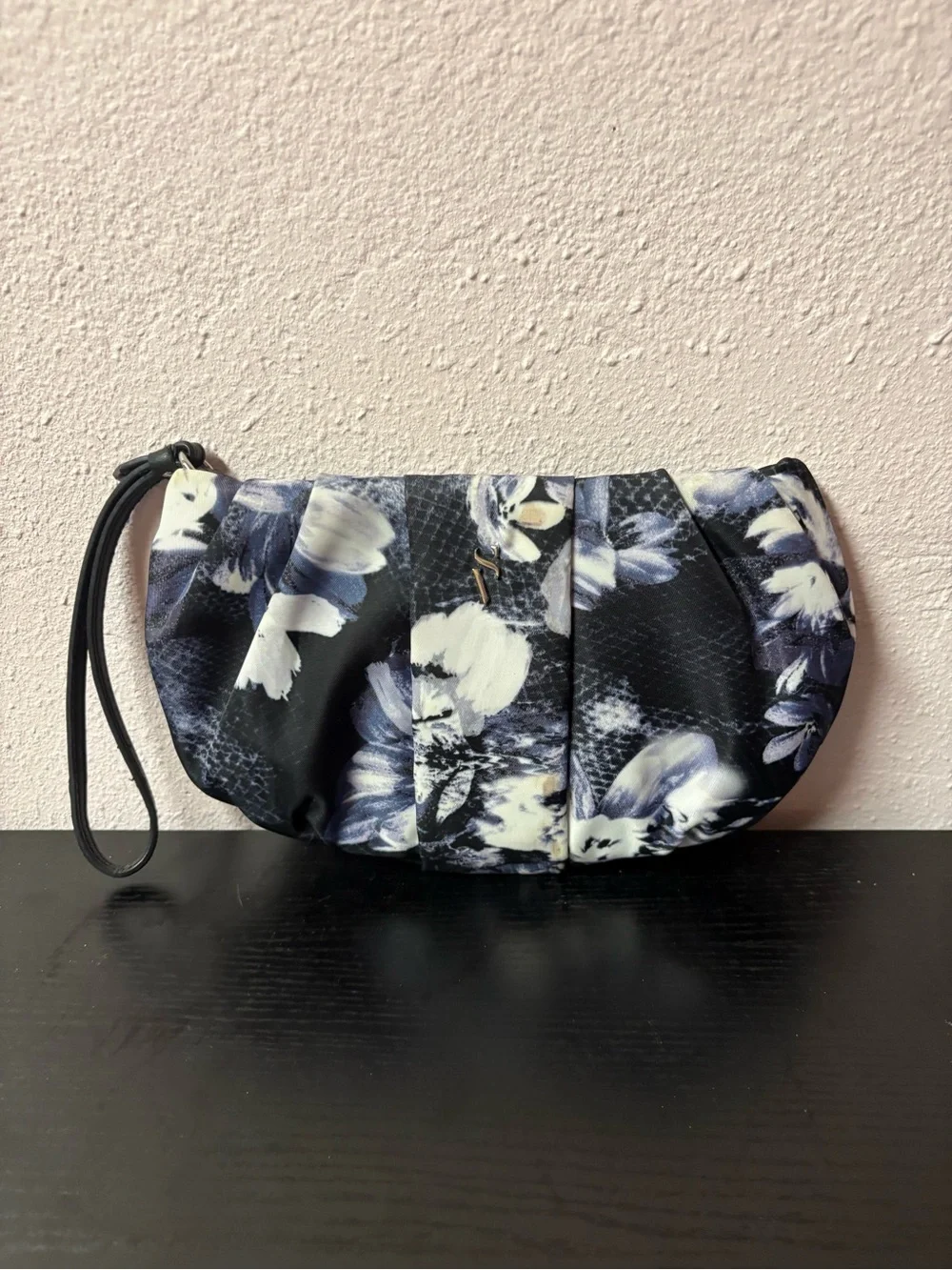 Floral Pleated Wristlet Clutch Black Blue Ivory